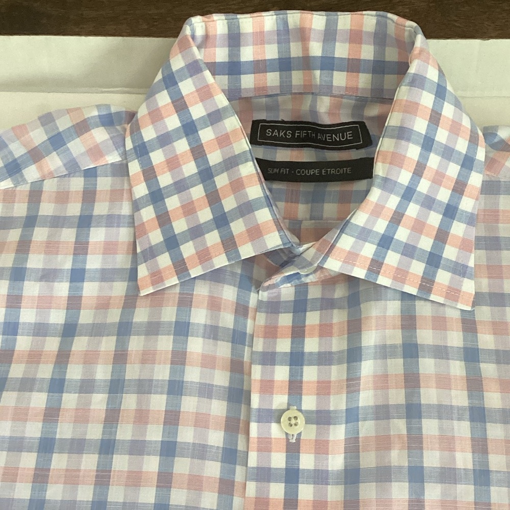 Saks Fifth Avenue Pink and Light Blue Check Dress Shirt - Spread Collar